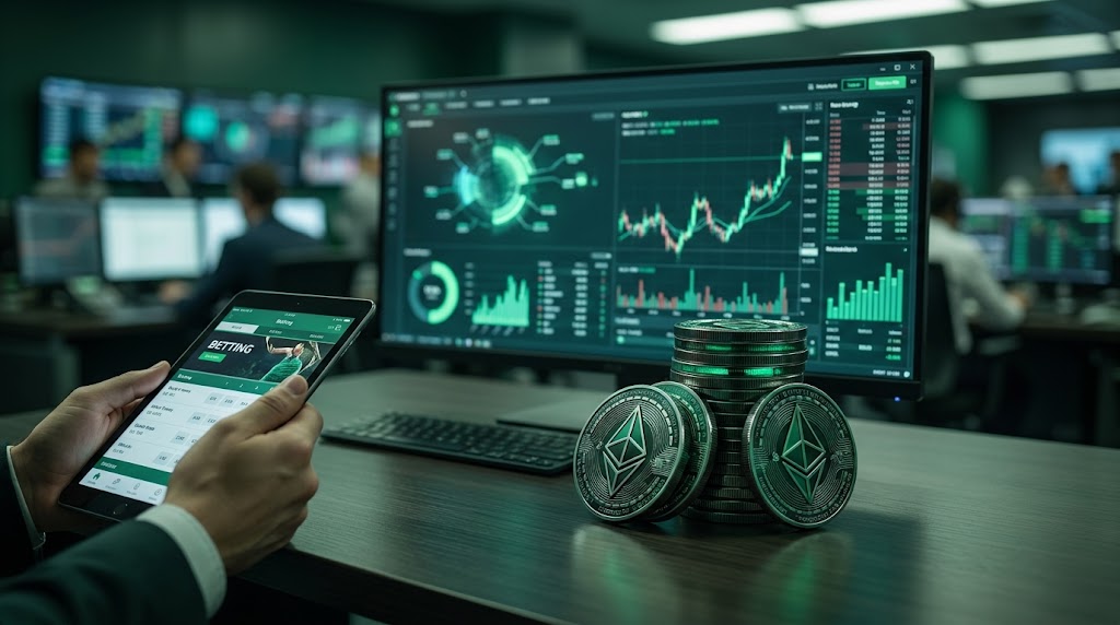 Ethereum coins stacked on trading screen