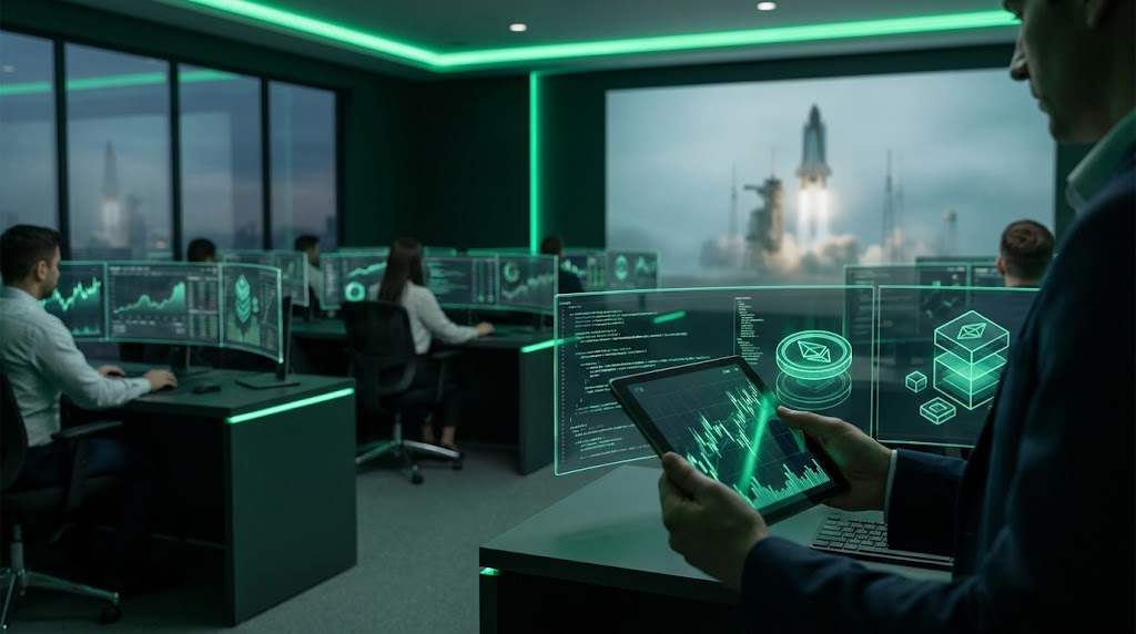 rocket launch stock market trading screens