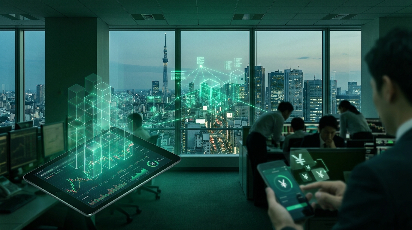 Tokyo skyline blockchain digital yen