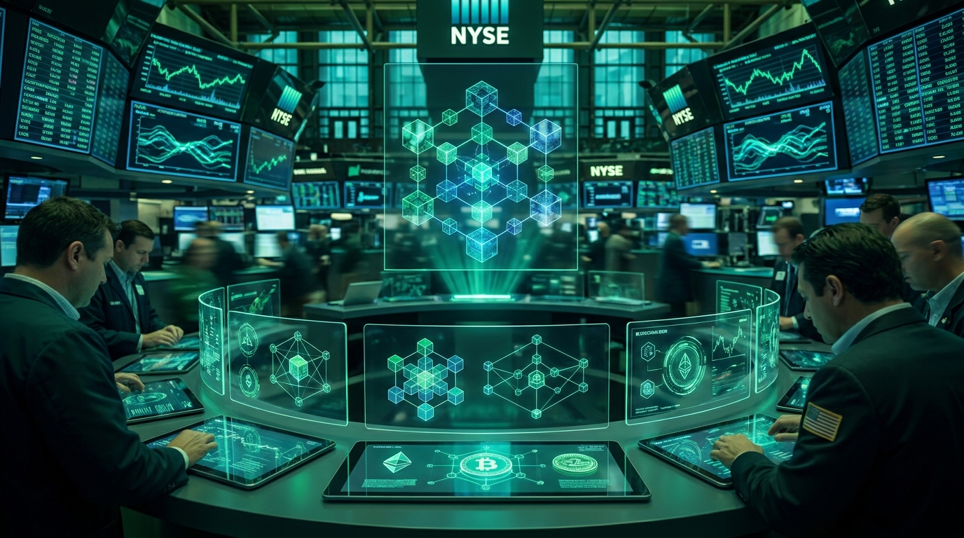 NYSE trading floor blockchain screens