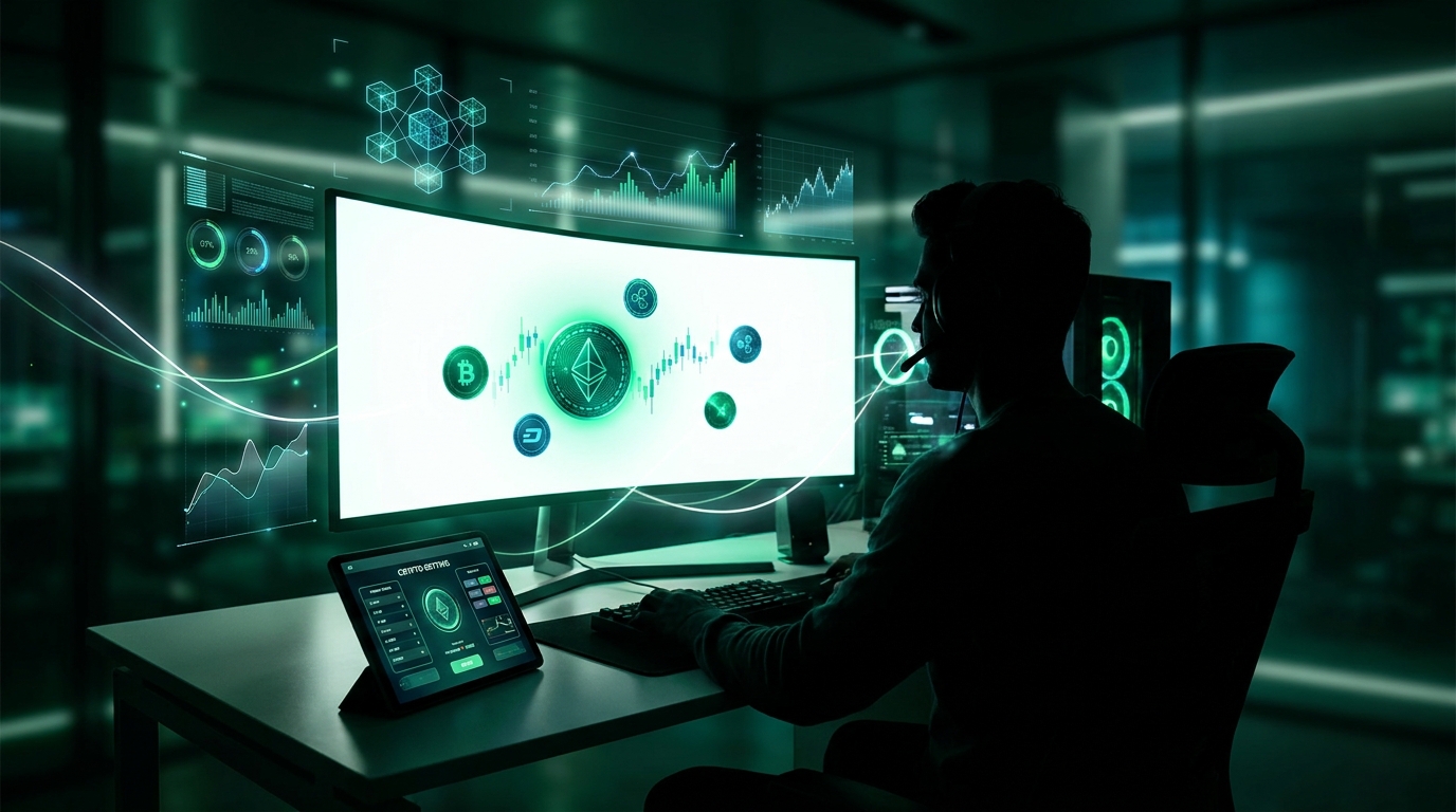 crypto casino streamer bright screen dark room