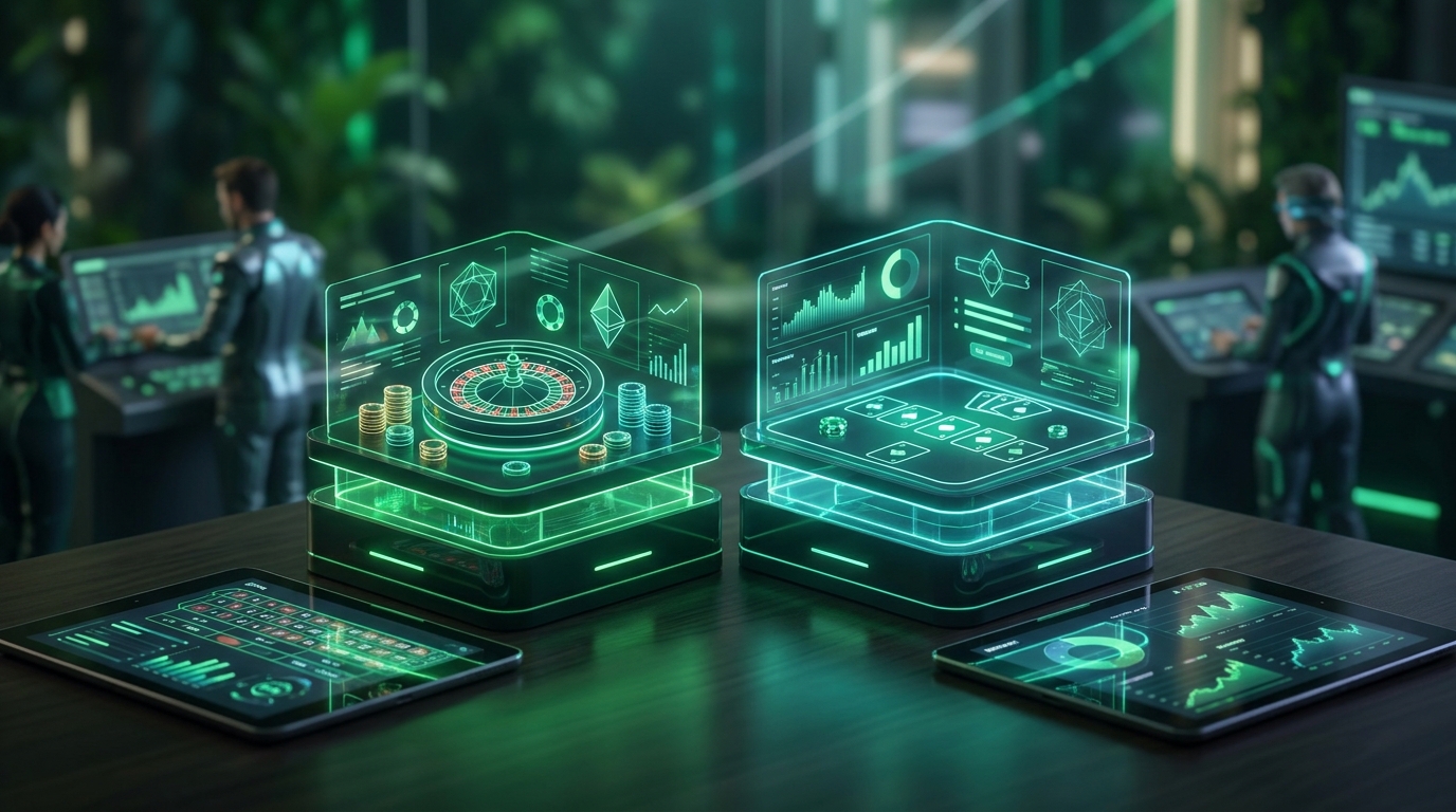 two crypto casino platforms side by side neon