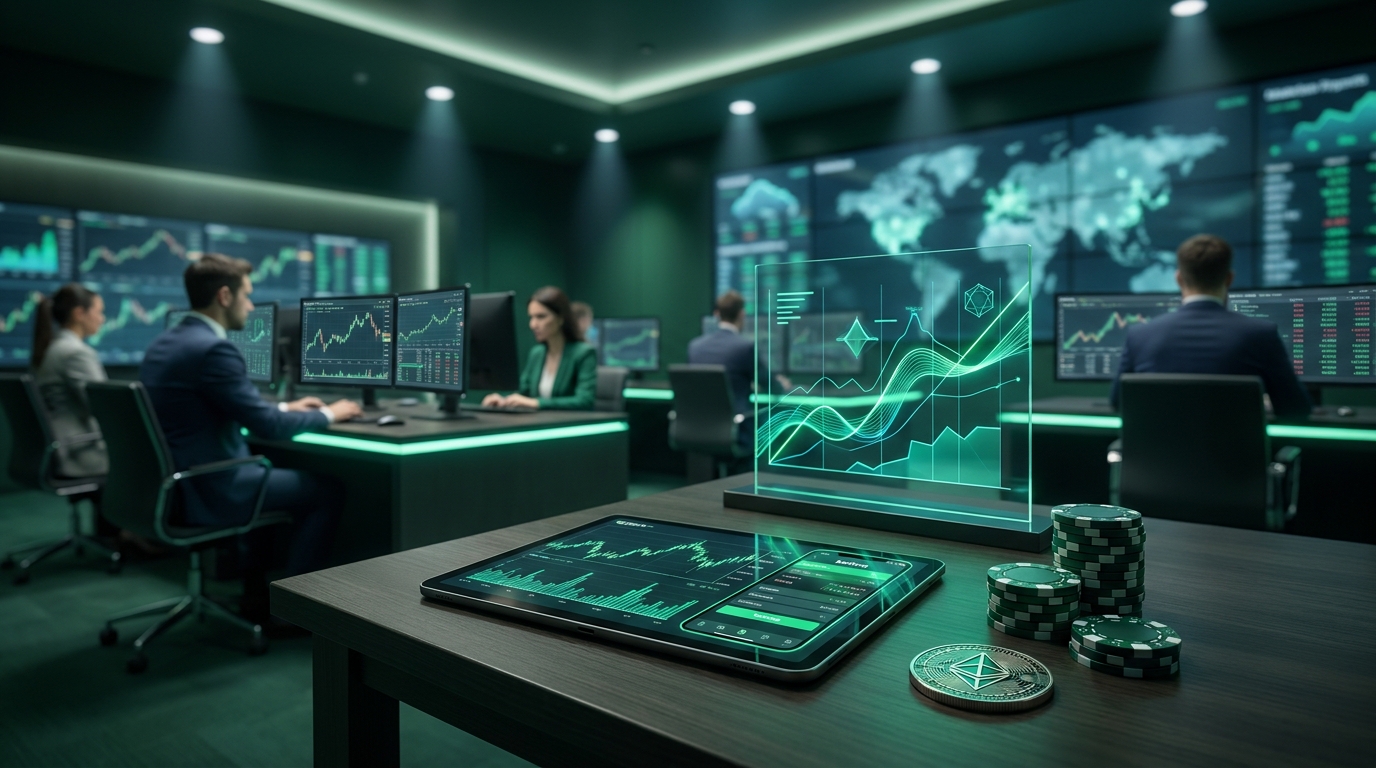 cryptocurrency coins beside casino chips and math charts