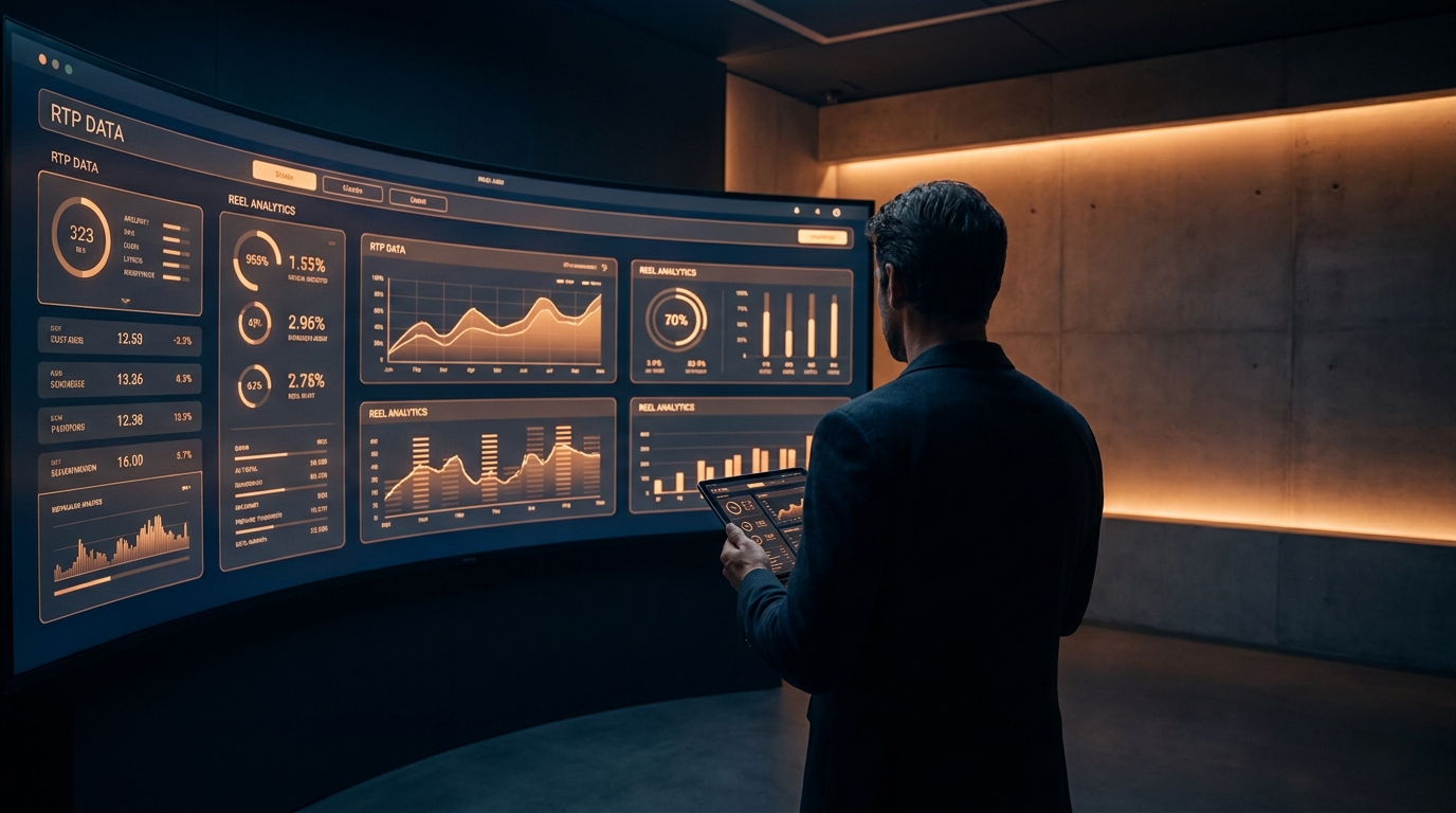 glowing slot machine reels RTP data dashboard