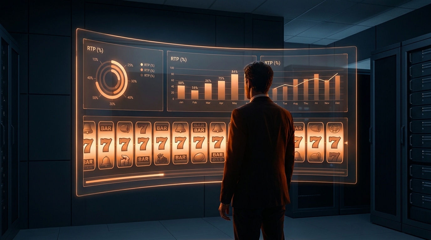 glowing slot machine reels RTP data dashboard