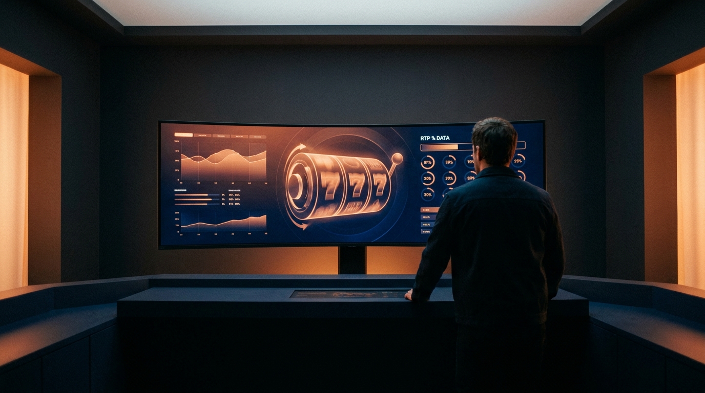 glowing slot reels RTP percentage data screen