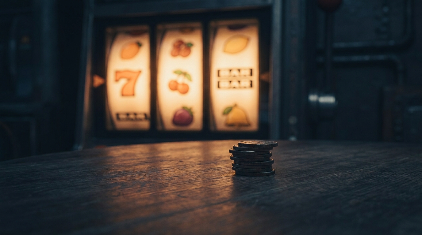 small stack of coins beside glowing slot reels