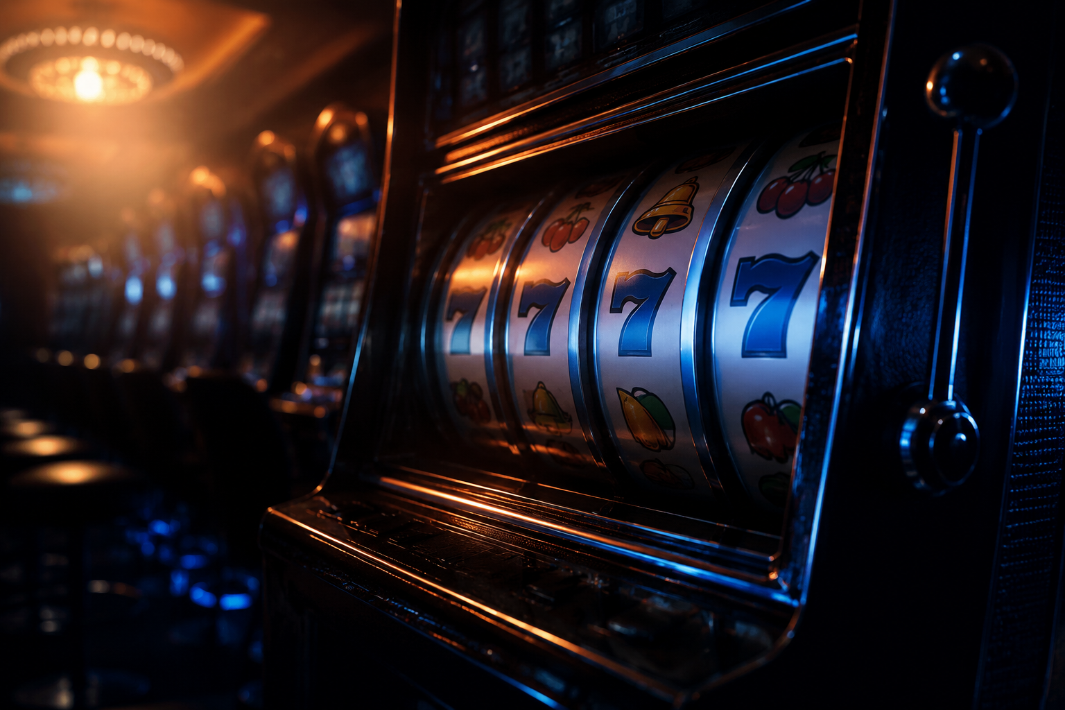cinematic slot machine reels glowing dramatic light casino floor