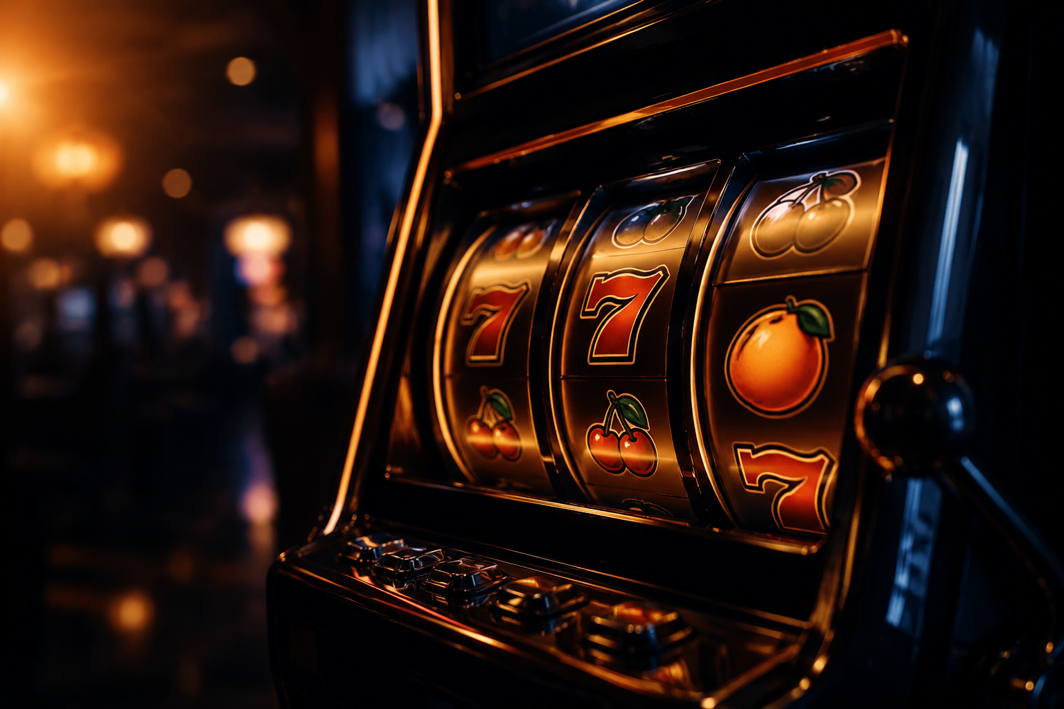 slot machine reels glowing warm casino atmosphere