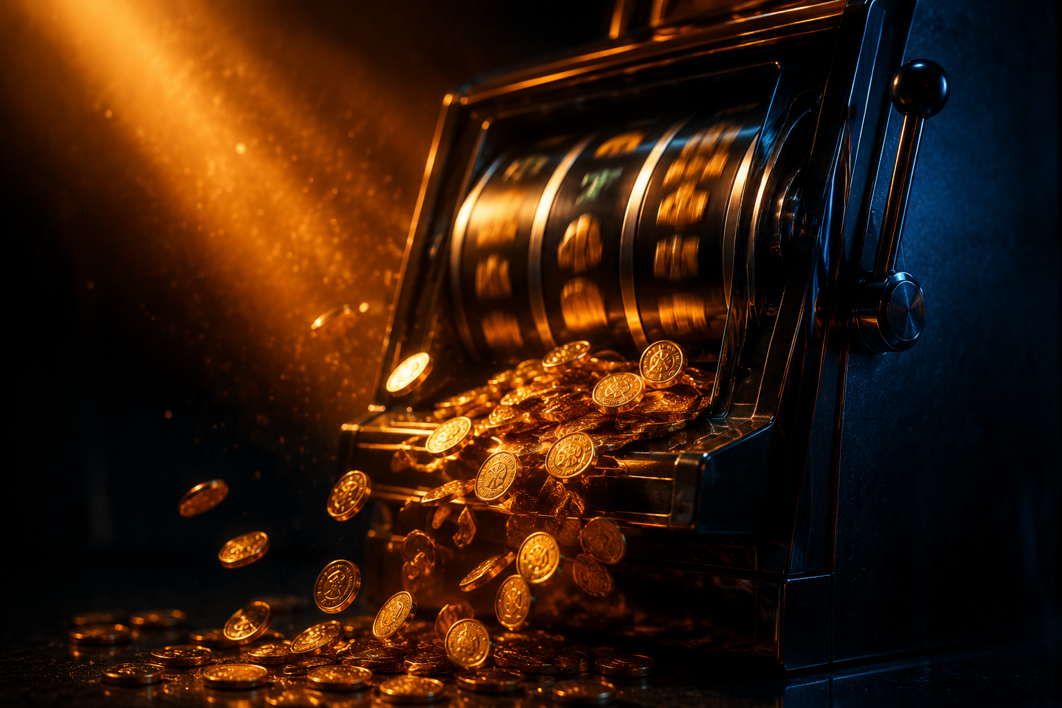 glowing gold coins cascading slot machine dramatic light