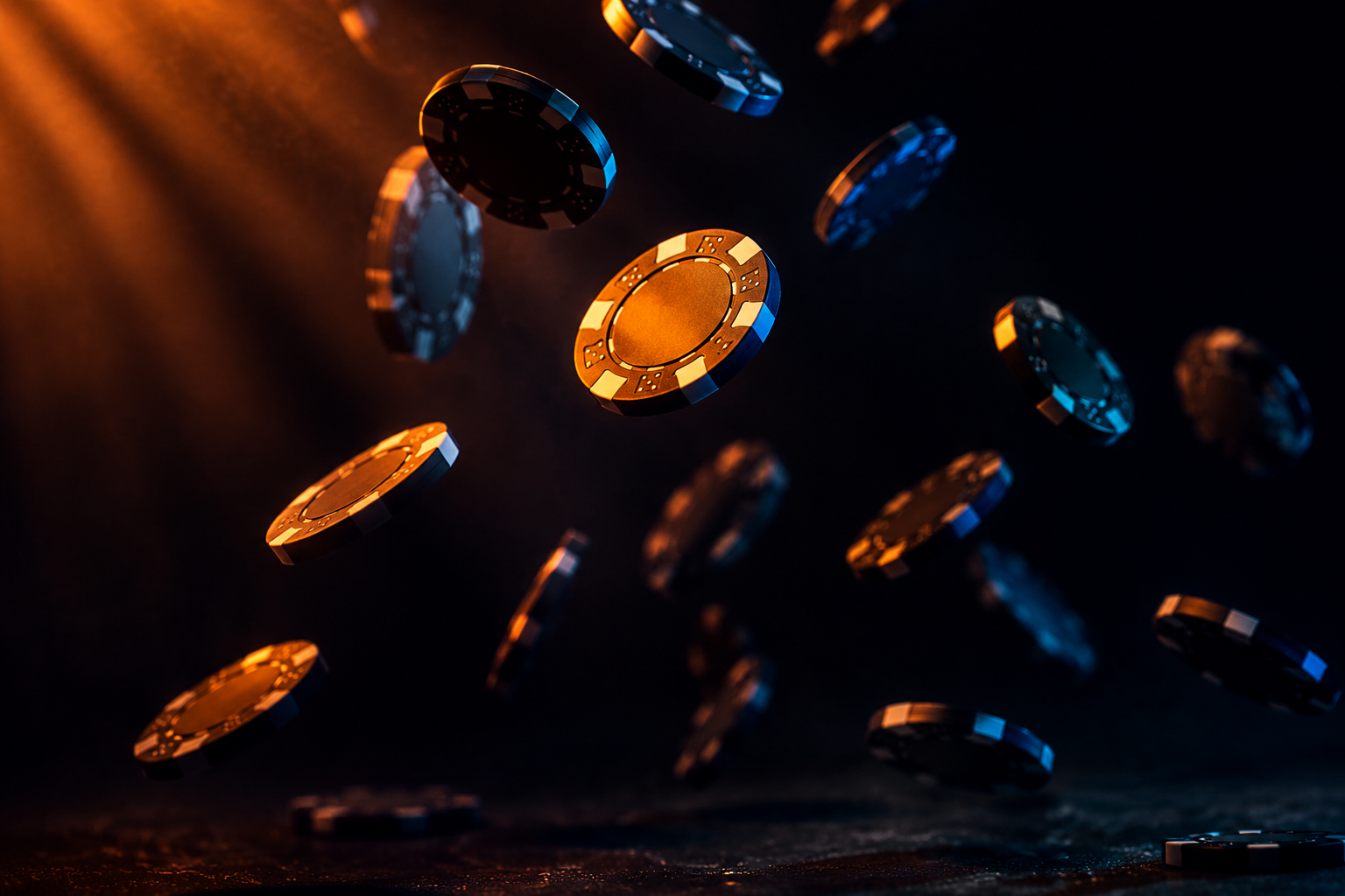 glowing casino chips falling dark studio light
