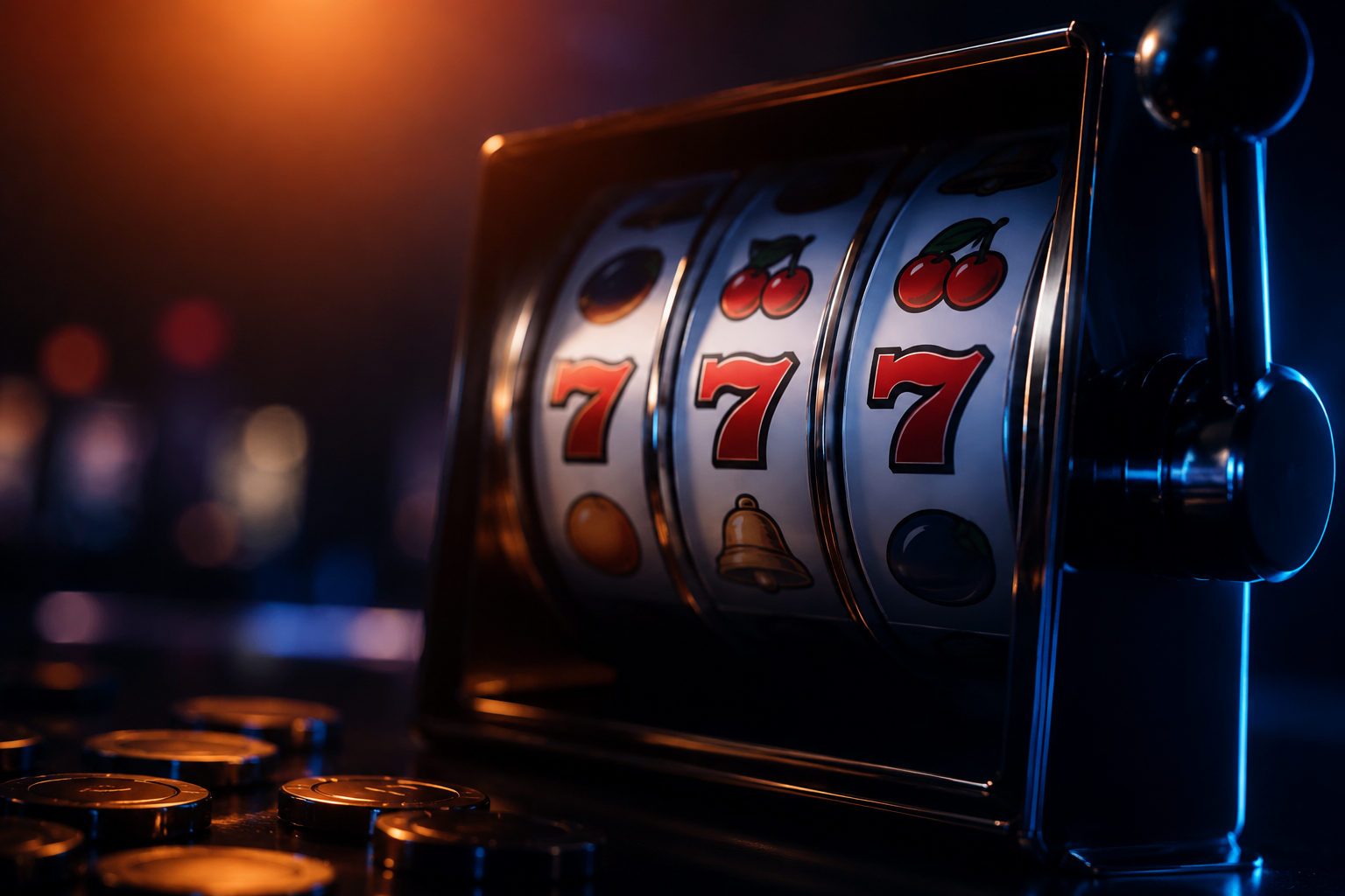 glowing slot machine reels cinematic casino light