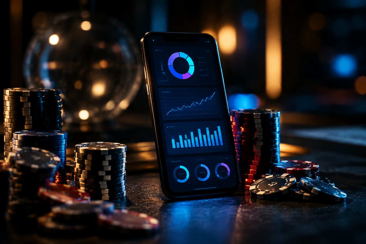 smartphone glowing compliance dashboard casino chips abstract