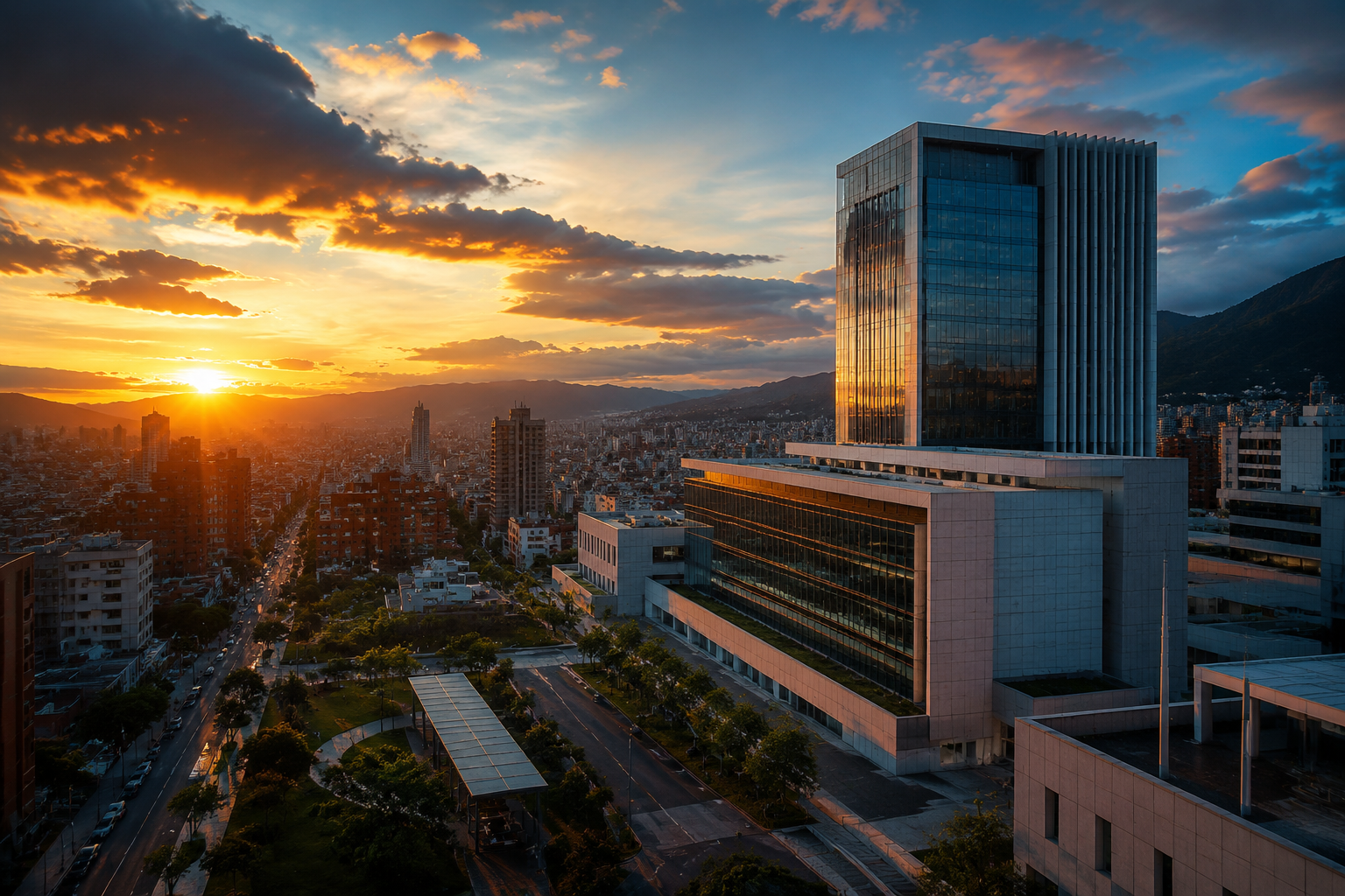 Bogota skyline golden hour hospital modern architecture