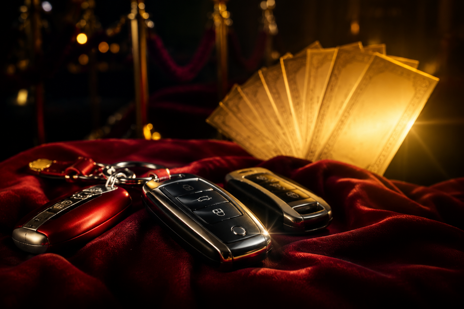 luxury car keys on velvet beside glowing raffle tickets cinematic