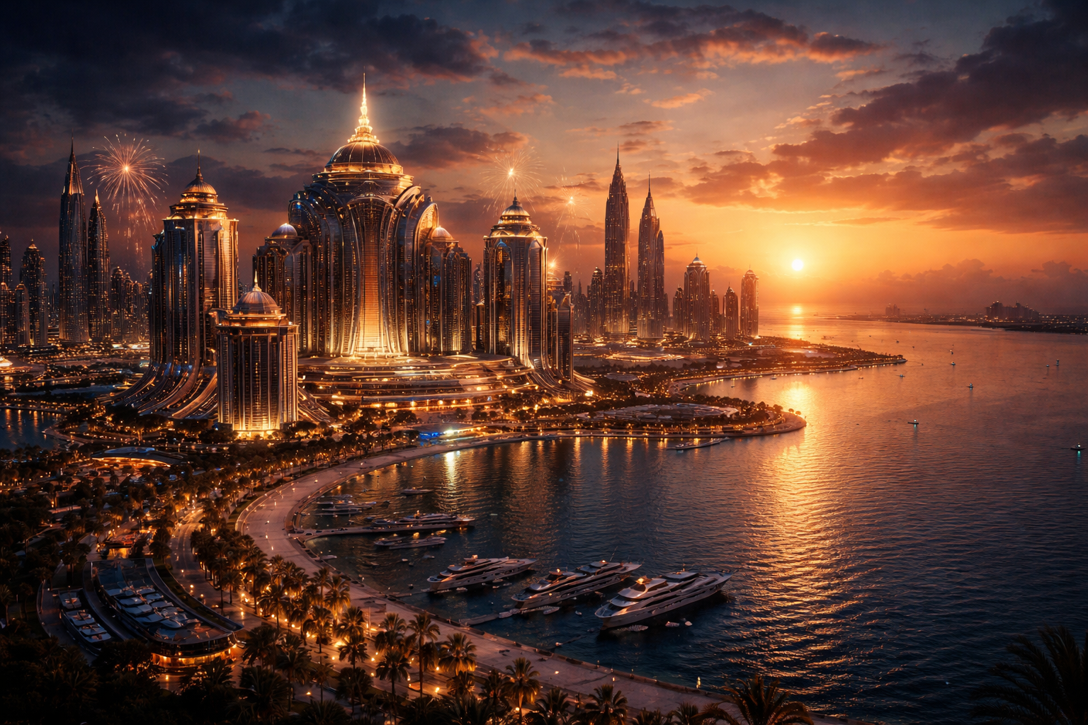 futuristic casino skyline Arabian Gulf sunset cinematic