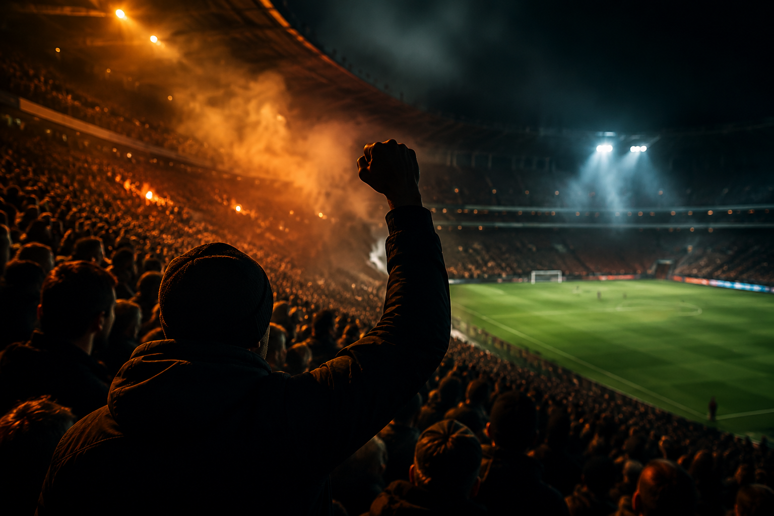 football stadium packed crowd dramatic floodlight night match